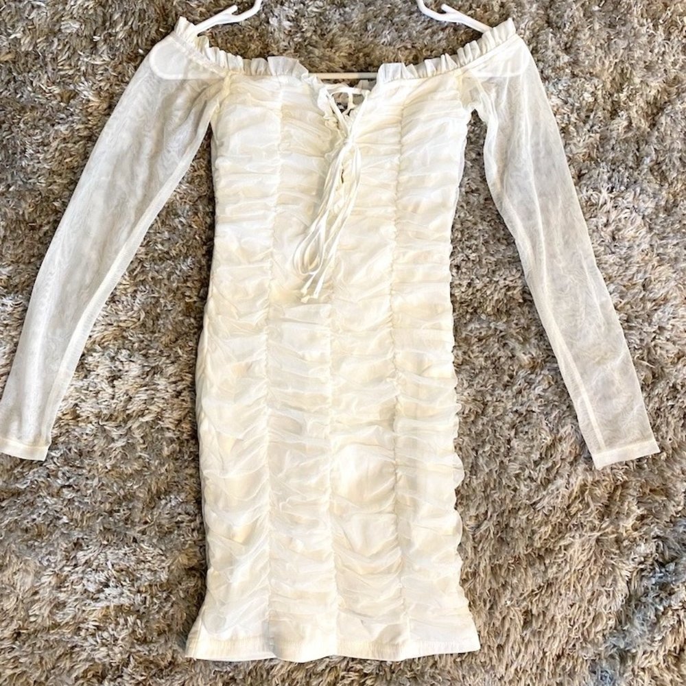 White Off The Shoulder Mesh  Bodycon Dress